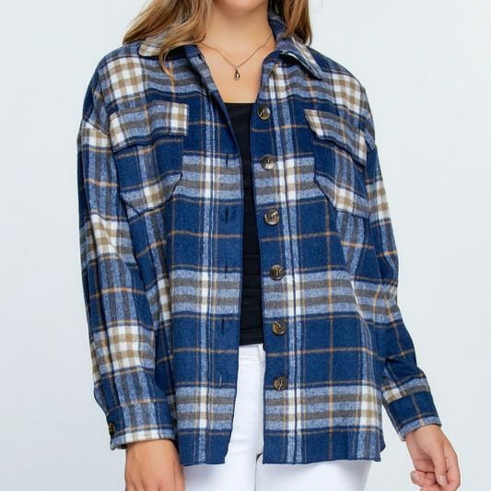 Blue plaid shirt jacket shacket